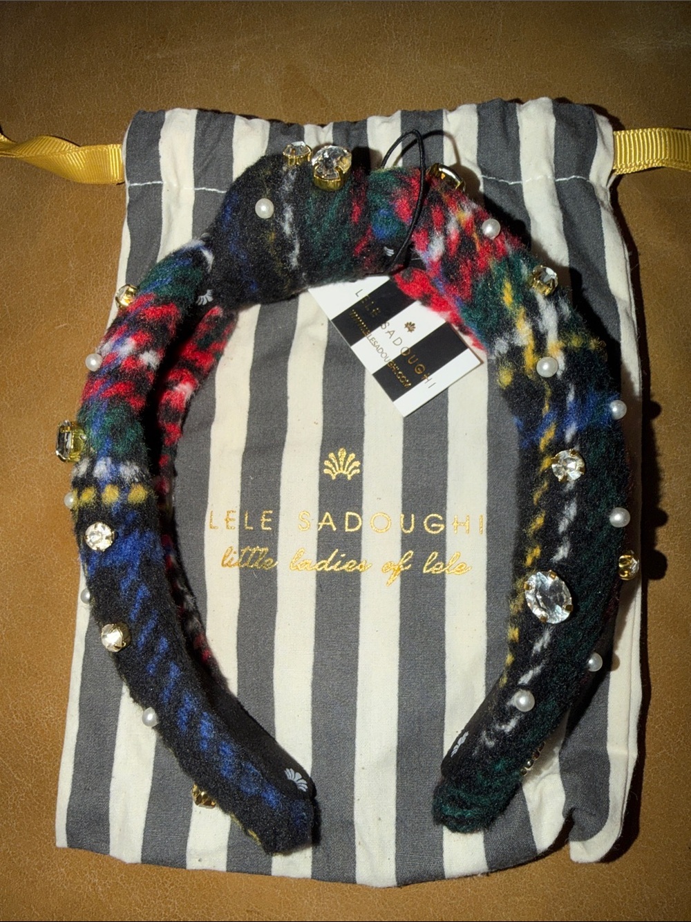 Lele Sadoughi Kids Pearl & Crystal Flannel Knotted Headband NEW